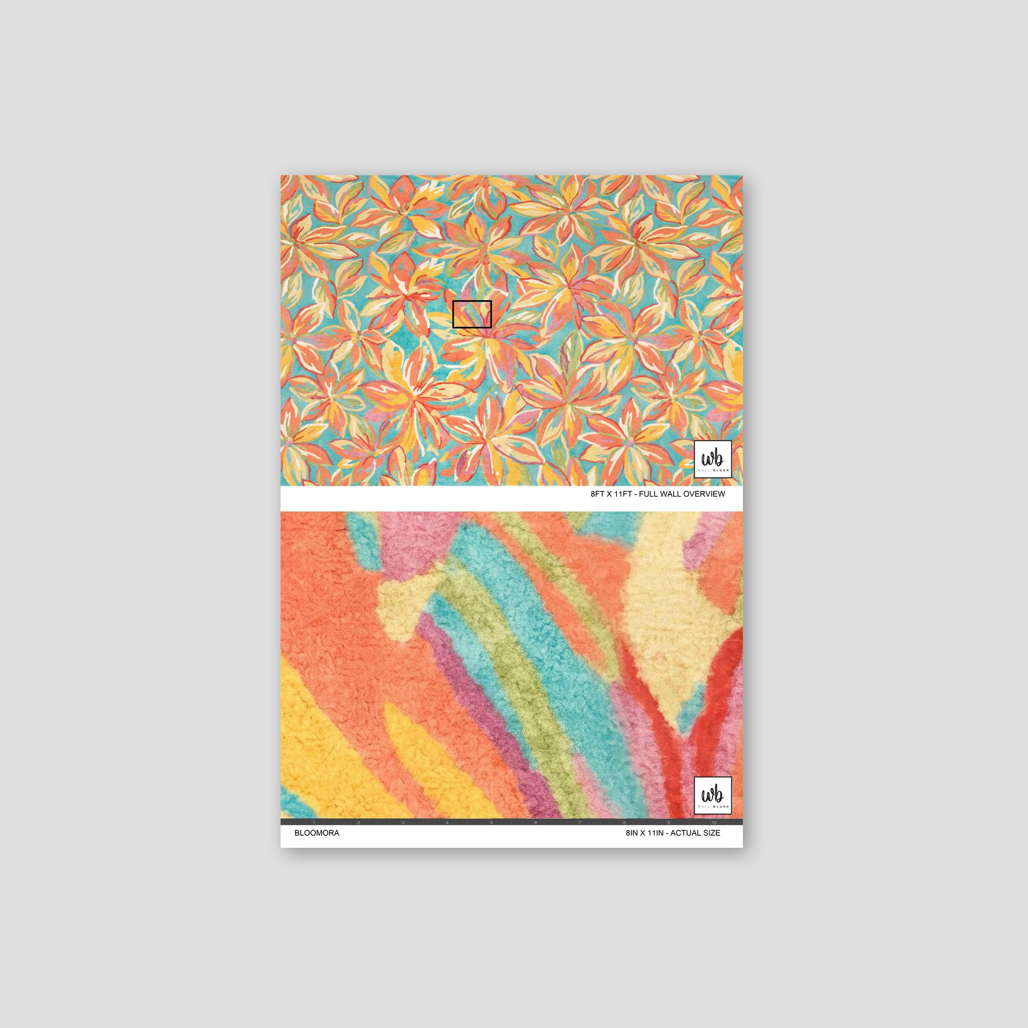 Colorful floral wallpaper with coral, peach, and aqua motifs on a sample sheet.