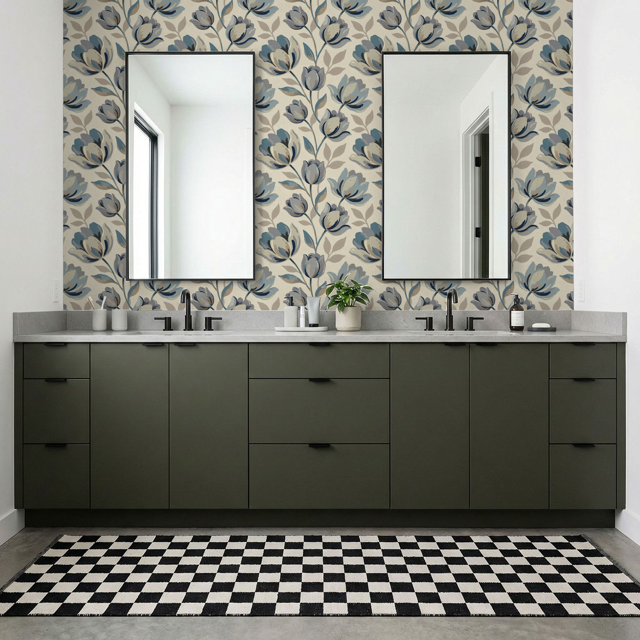 Bathroom with Bloomsbury wallpaper featuring blue and gray floral pattern