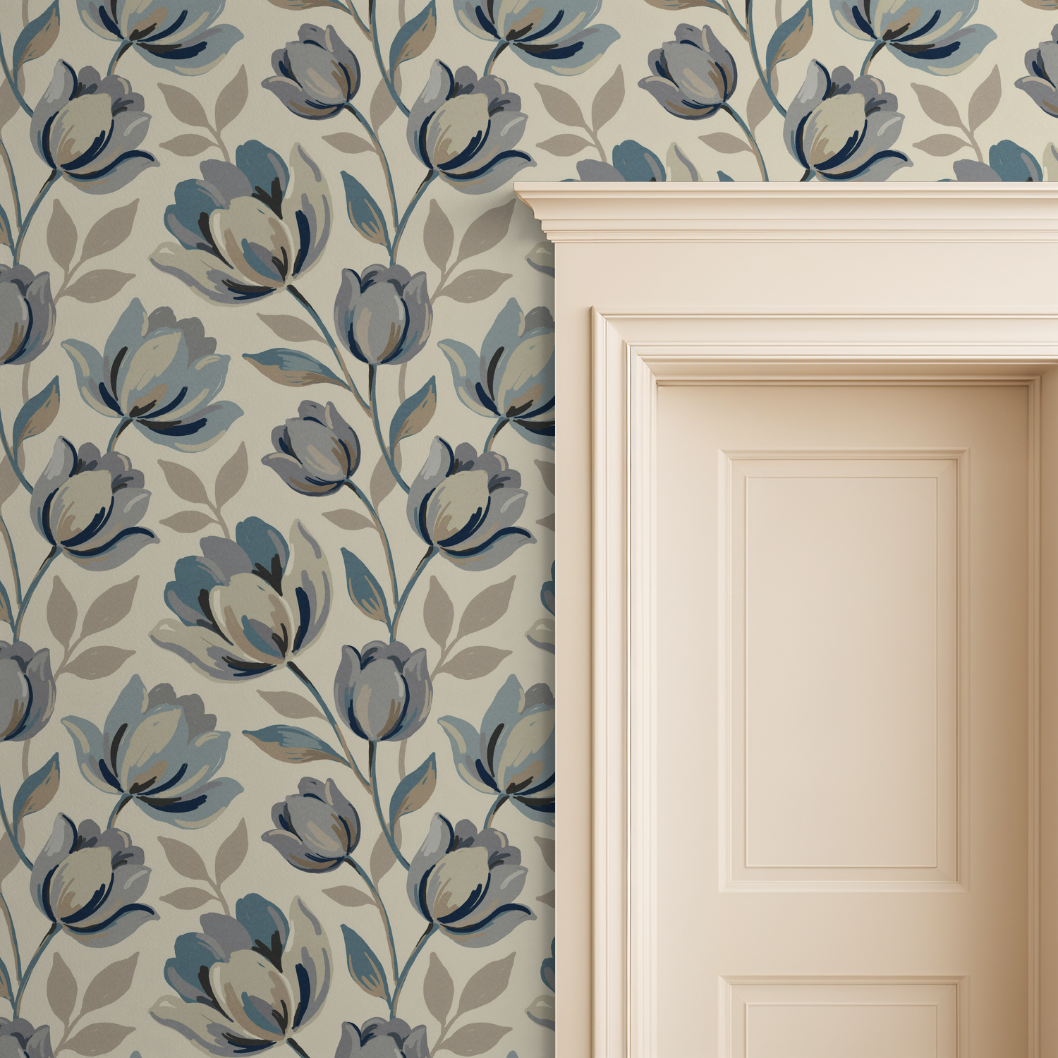 Floral wallpaper with blue and gray tulip motifs on cream background beside a door.