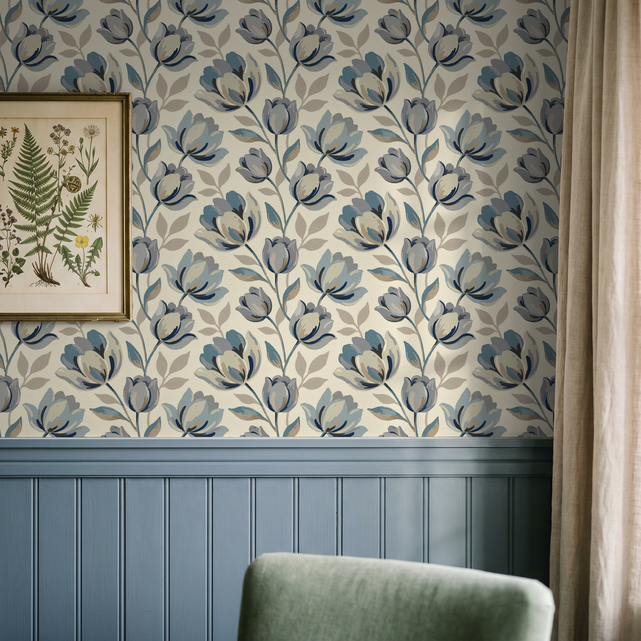 Floral wallpaper with blue and gray tulip motifs on cream backdrop in elegant room.