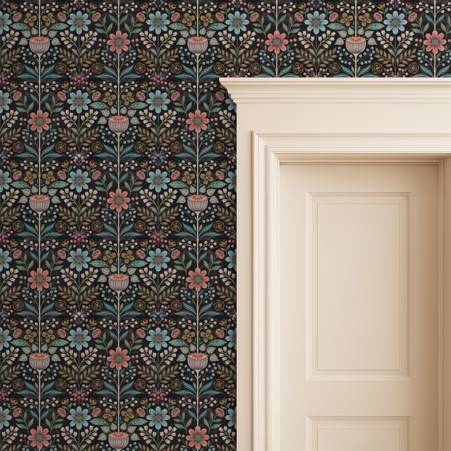 Vibrant floral wallpaper with pink and blue flowers on a black background beside a cream door.