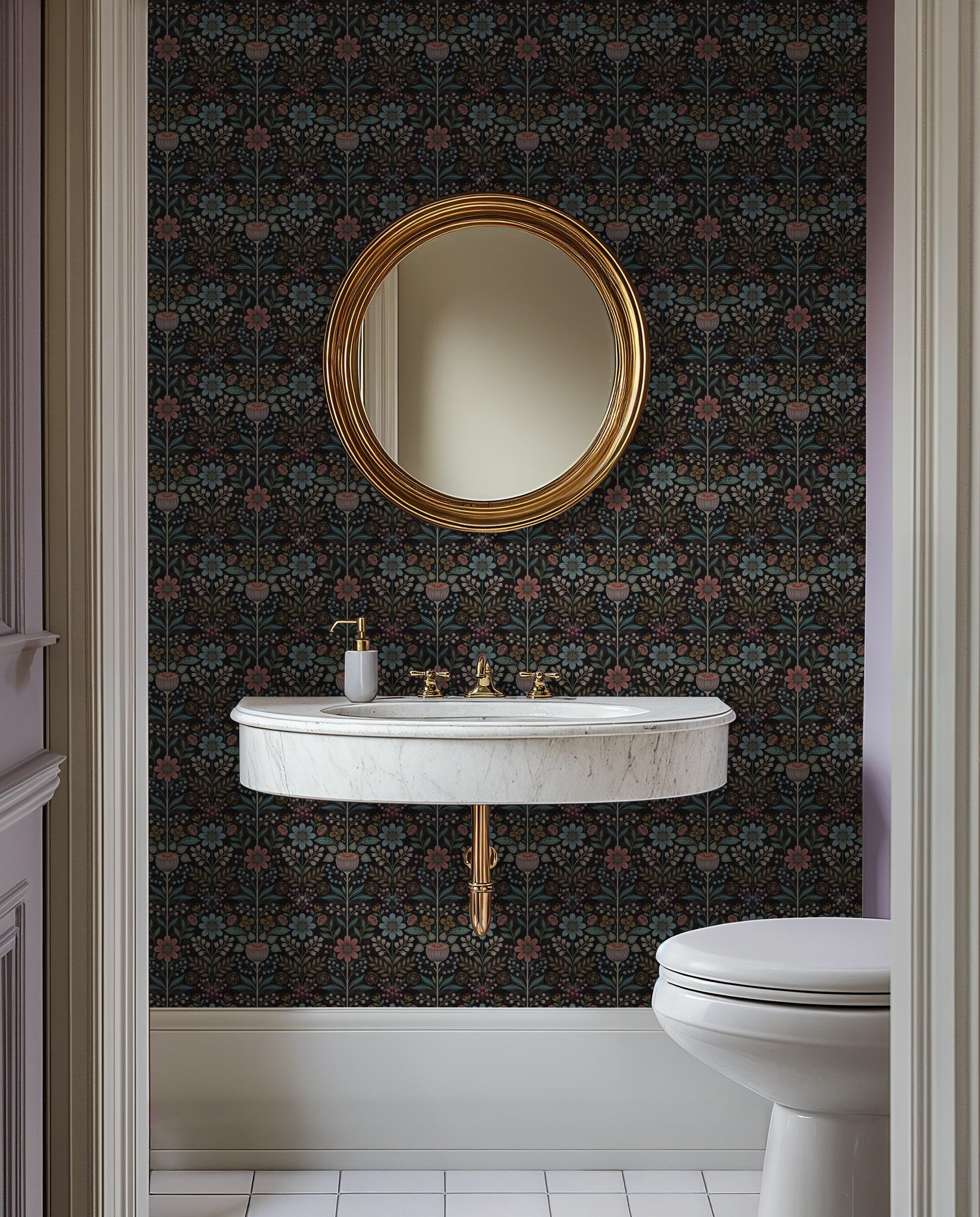 Bloomshire floral wallpaper with pink and blue motifs in elegant bathroom setting.