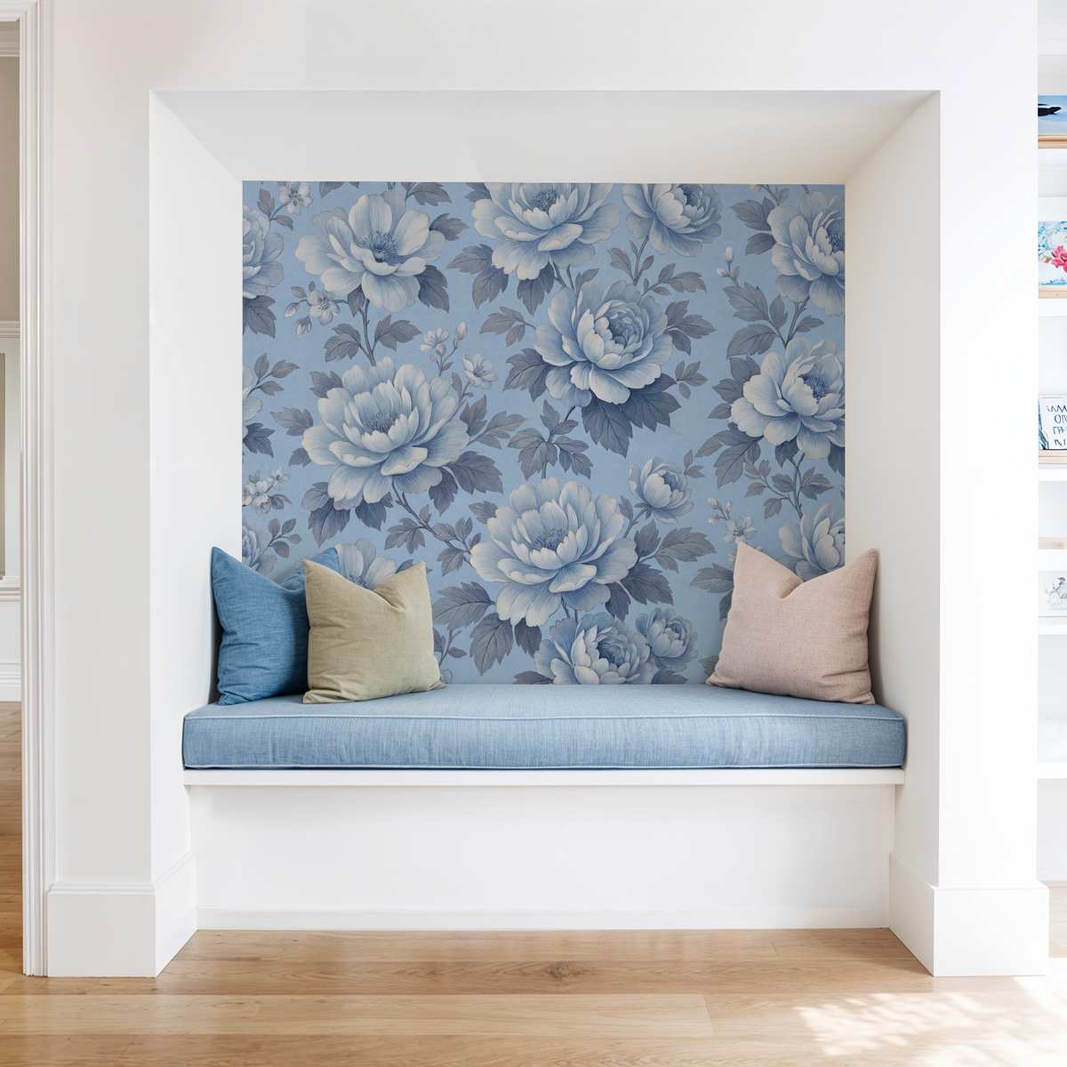 Blue floral wallpaper with peony design in a cozy nook with cushions.