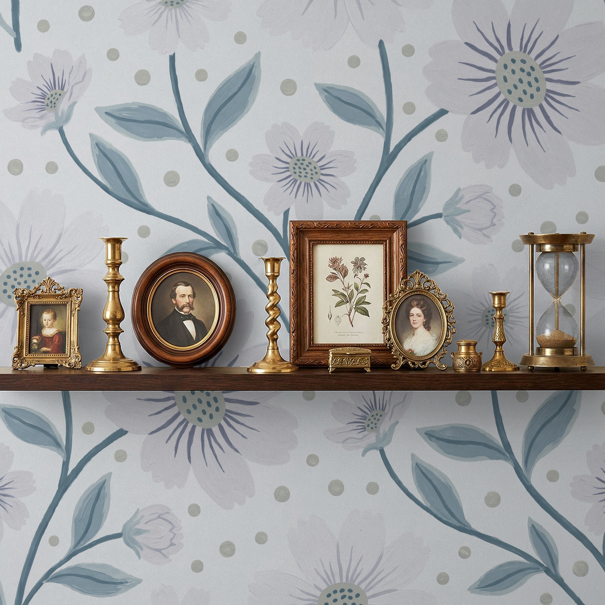 Blue floral wallpaper with lilac blooms and vintage decor on a shelf.