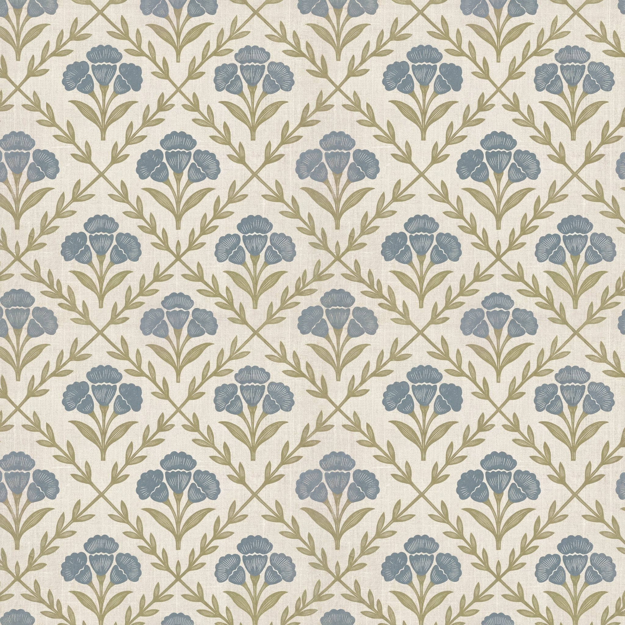 Floral wallpaper with blue flowers and olive leaves on beige background