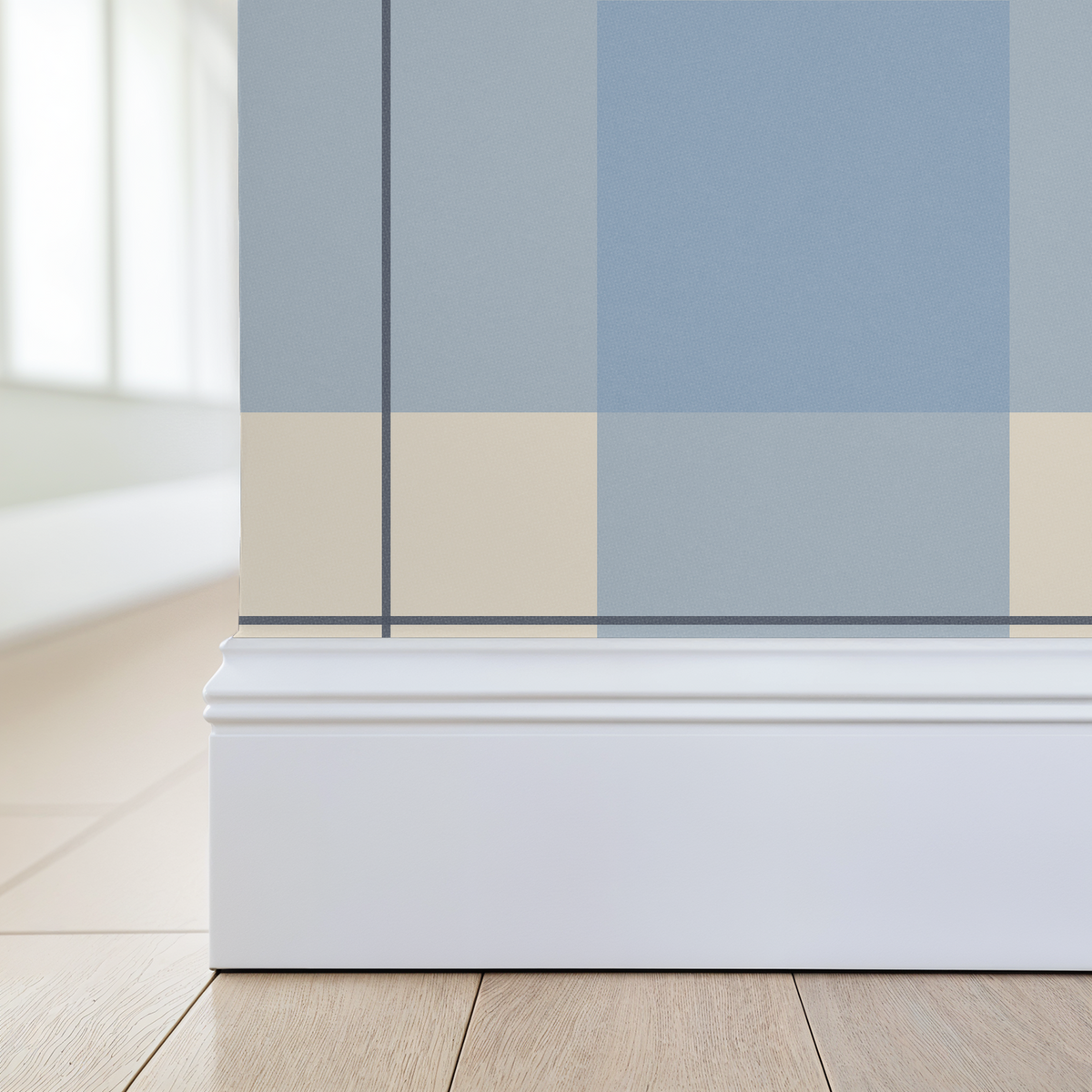 Blue and ivory plaid wallpaper in modern room with white baseboard.