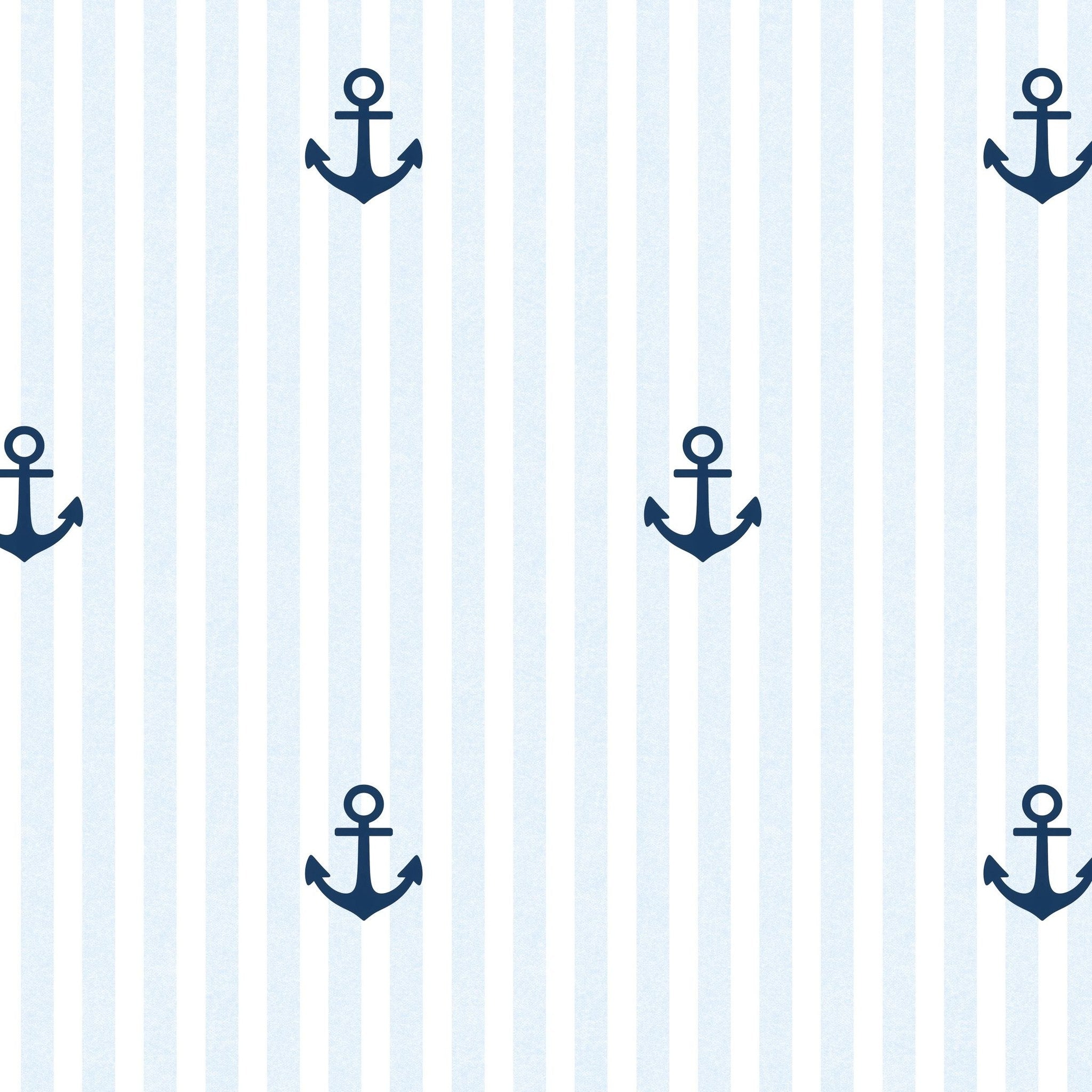 Blue striped wallpaper with navy anchors, nautical theme.