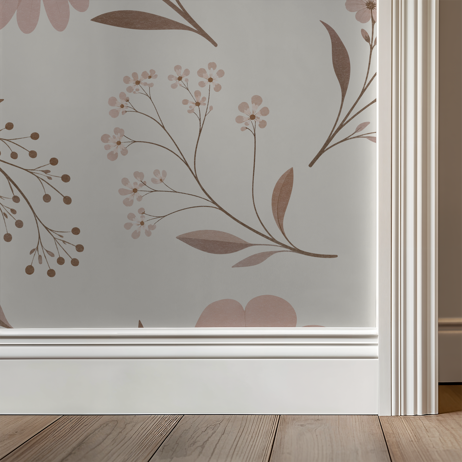 Blush floral wallpaper with delicate botanical design in a serene room setting.