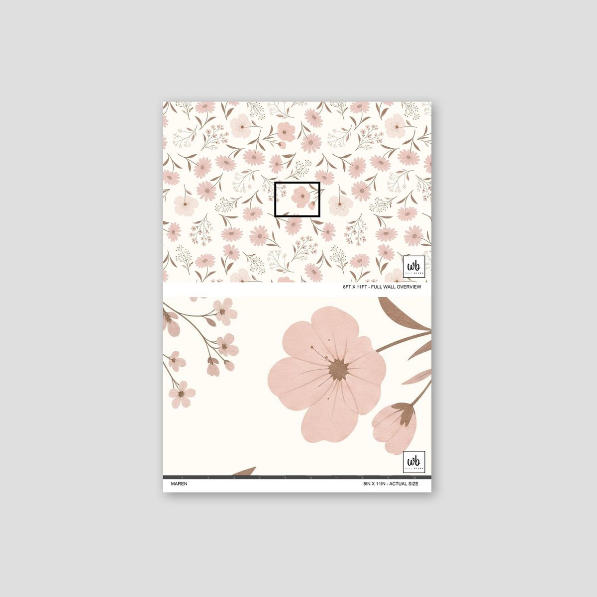 Blush floral wallpaper sample with delicate botanical pattern on a soft background.