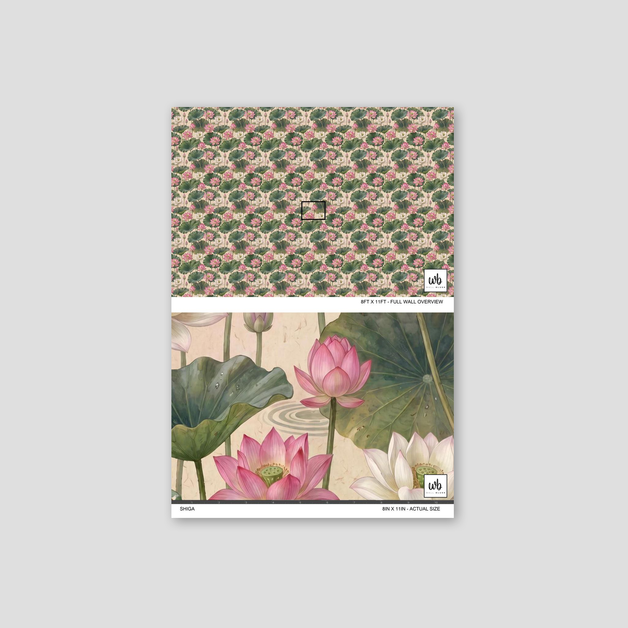 Floral wallpaper with blush and white lotus flowers and green leaves, nature-inspired design.
