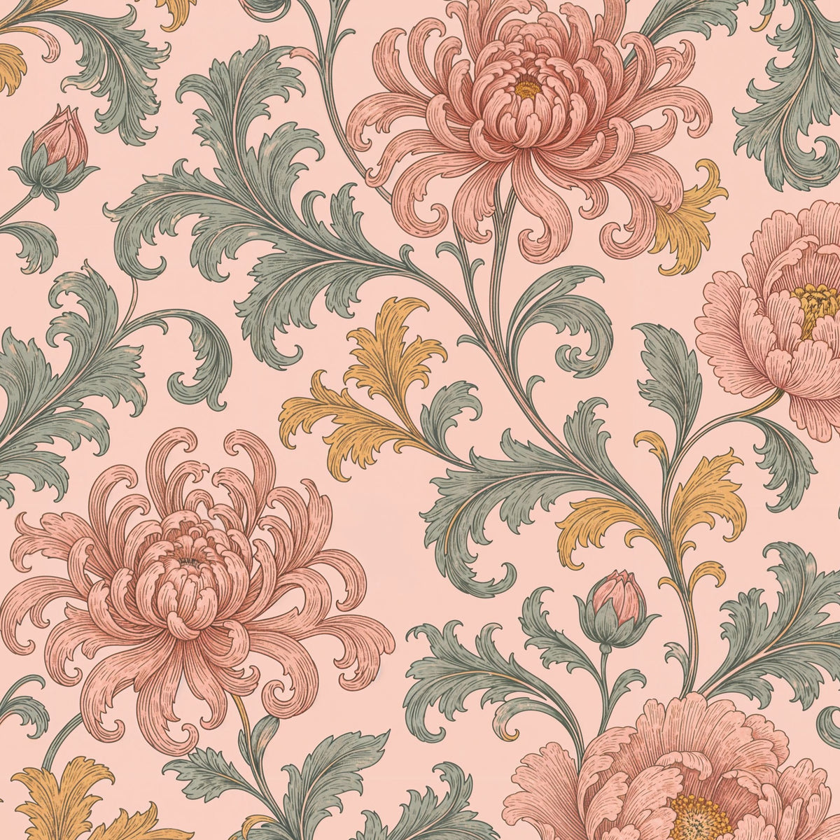 Elegant floral wallpaper with blush backdrop, dusty rose blooms, sage and gold leaves.