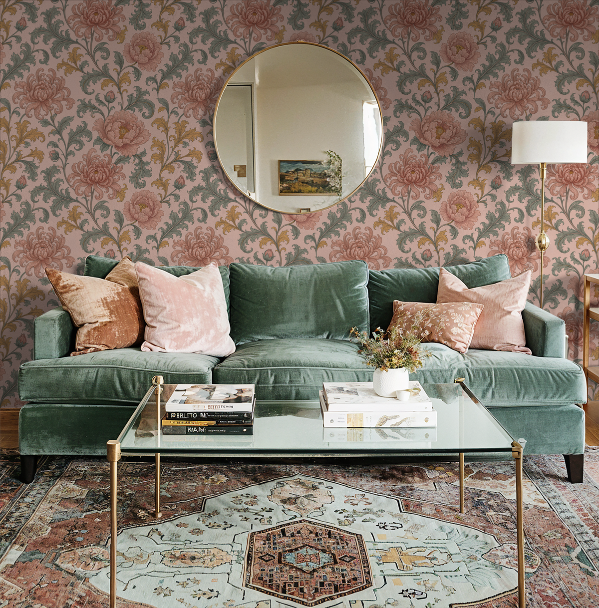 Blushing Tapestry floral wallpaper with blush and sage tones in elegant living room setting.