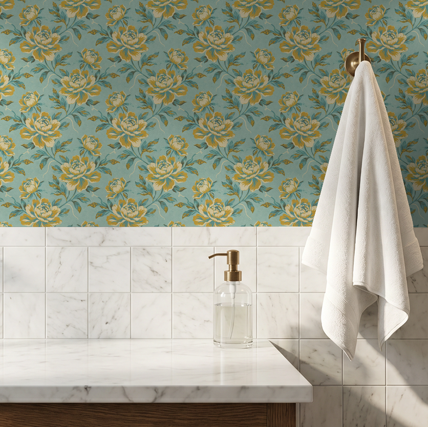 Bold floral wallpaper in golden ochre and teal on turquoise in bathroom setting.