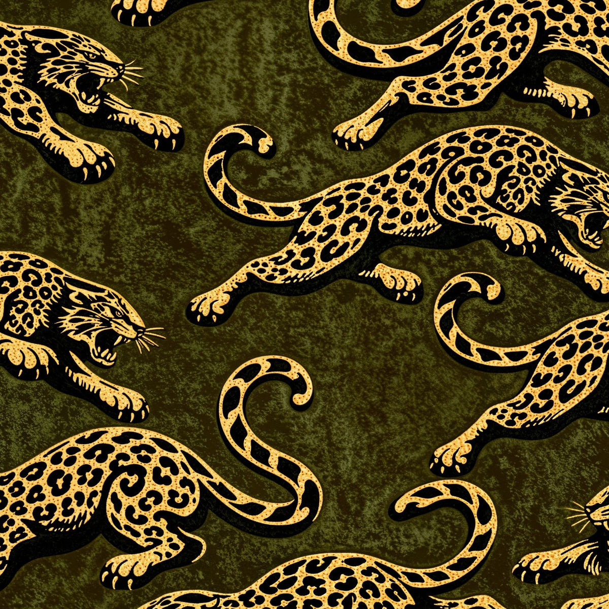 Bold leopard pattern wallpaper with gold leopards on green background