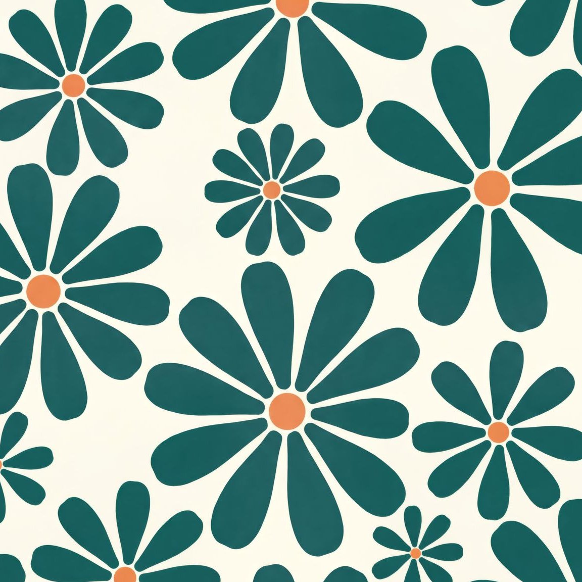 Bold teal floral wallpaper with orange centers on a cream background.