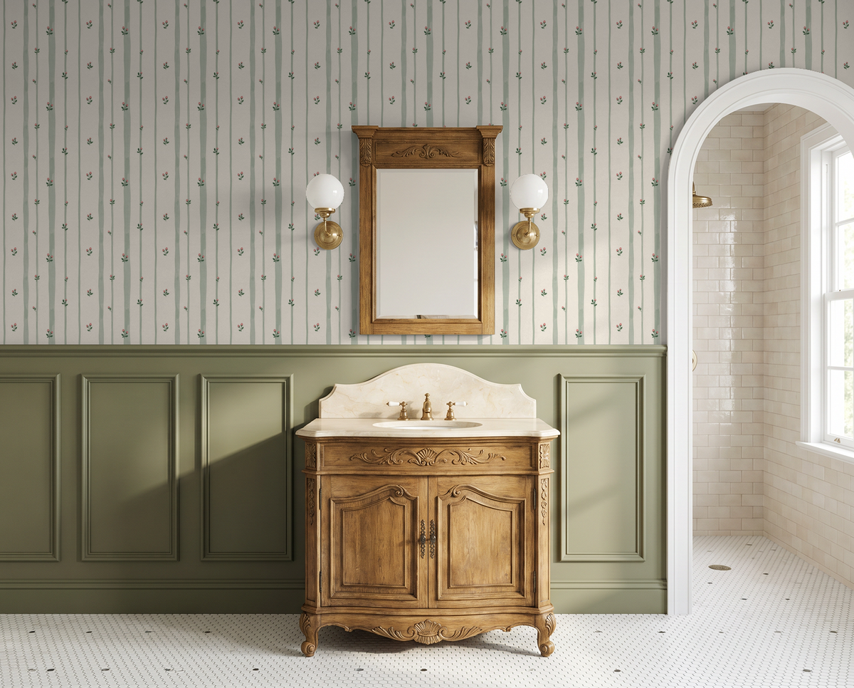 Bordeaux Bloom wallpaper with sage stripes and pink buds in elegant bathroom.