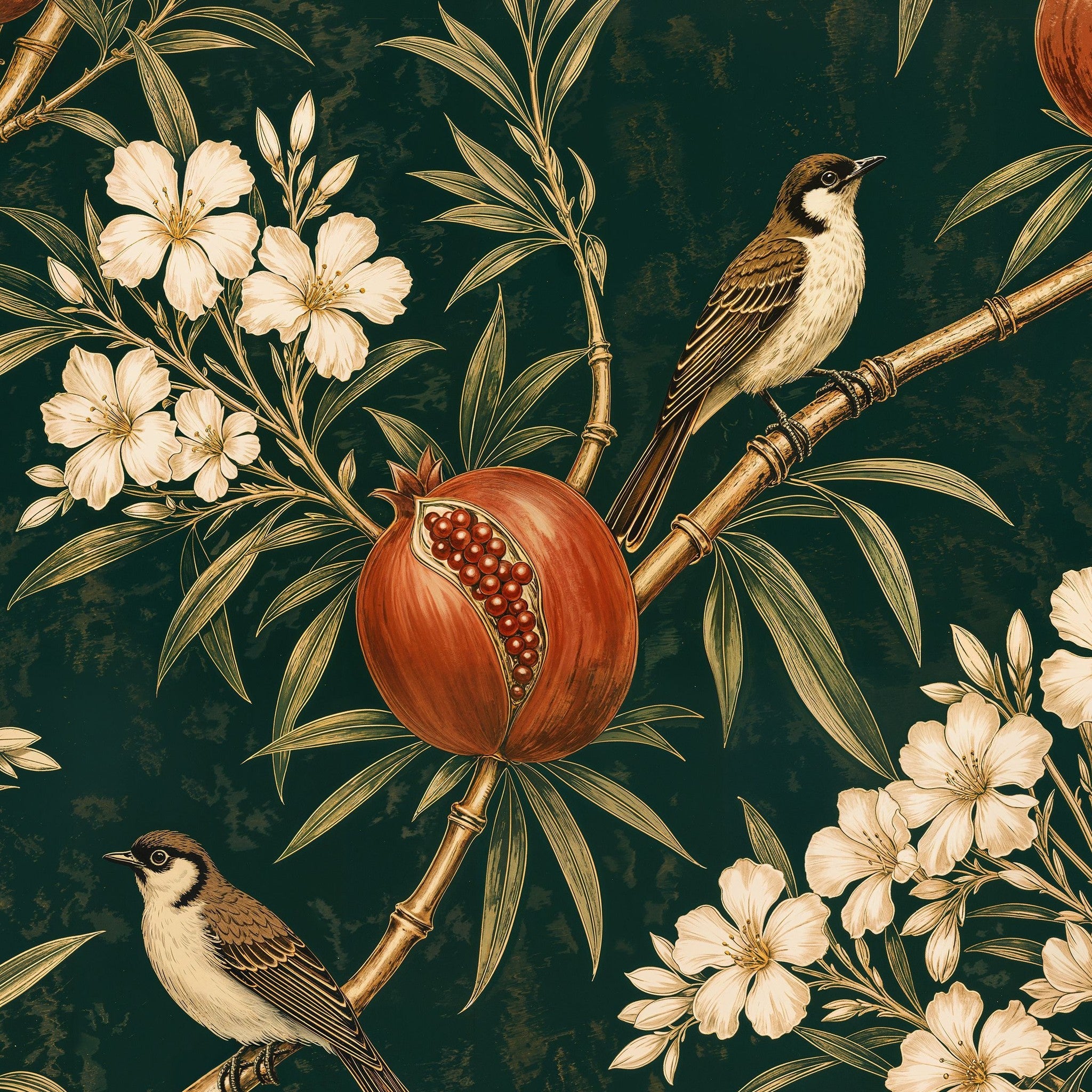 Botanical wallpaper with birds, pomegranates, and flowers on dark green background.