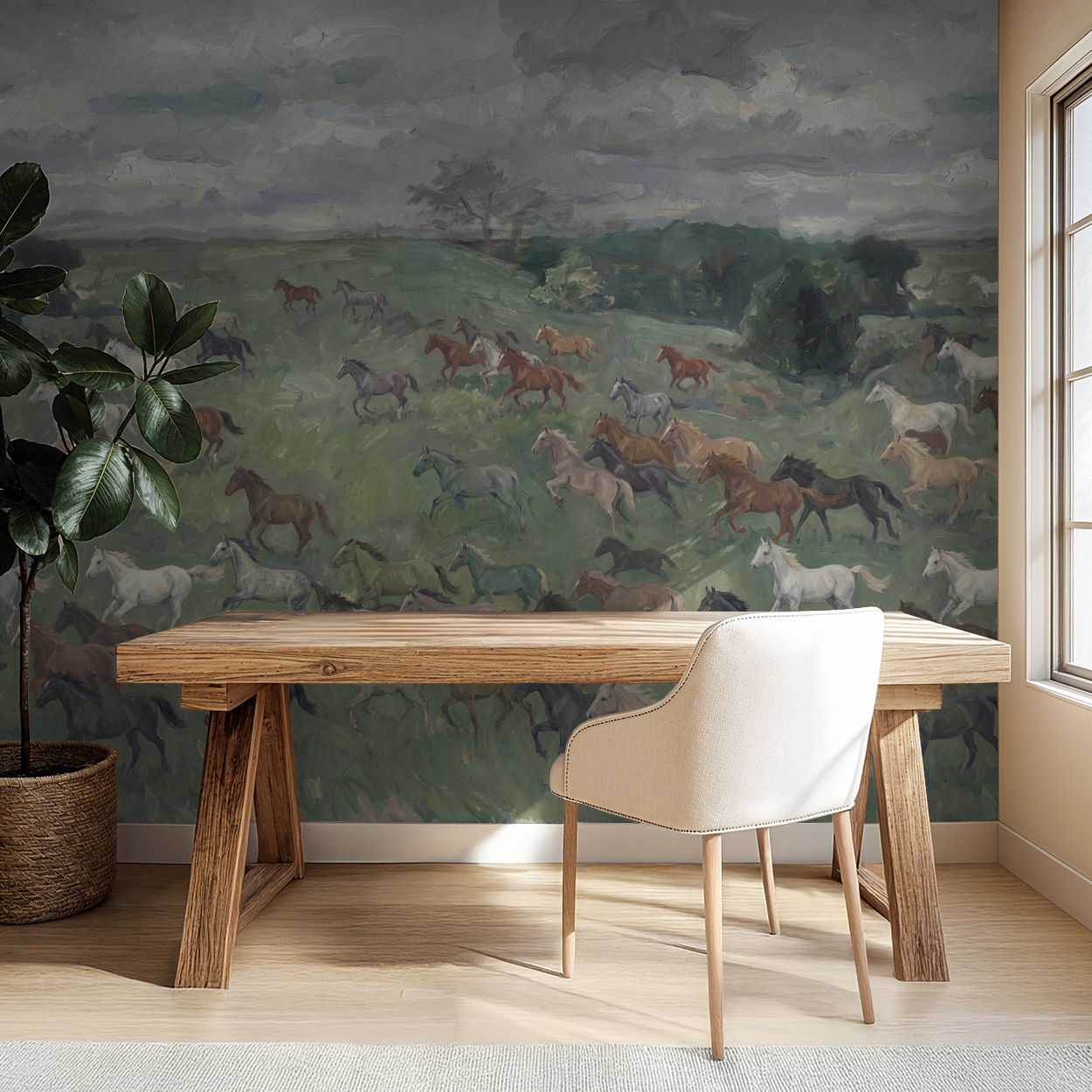Horses galloping wallpaper in rustic office with wooden desk and plant.