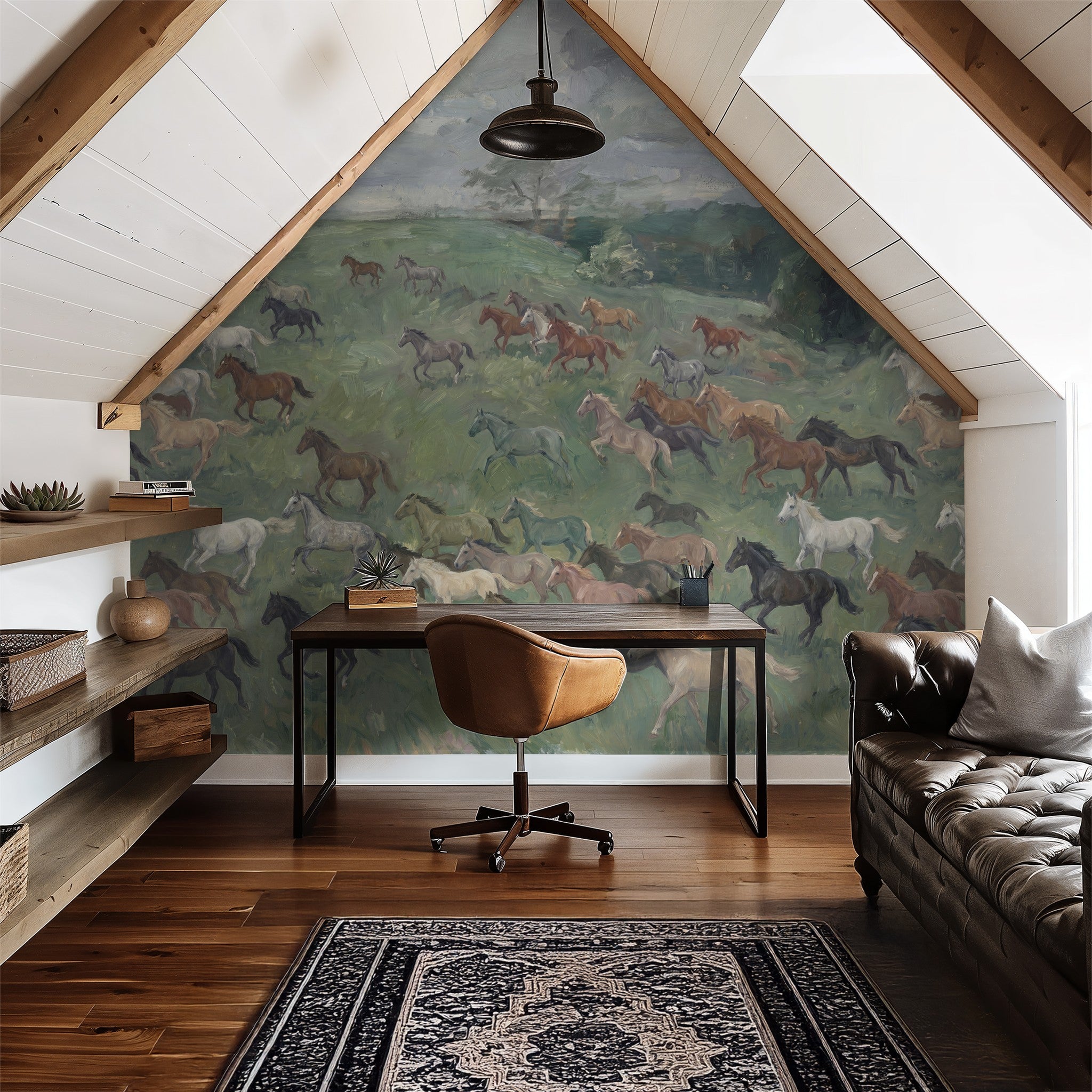 Bridlewood wallpaper with horses in a rustic attic office setting.
