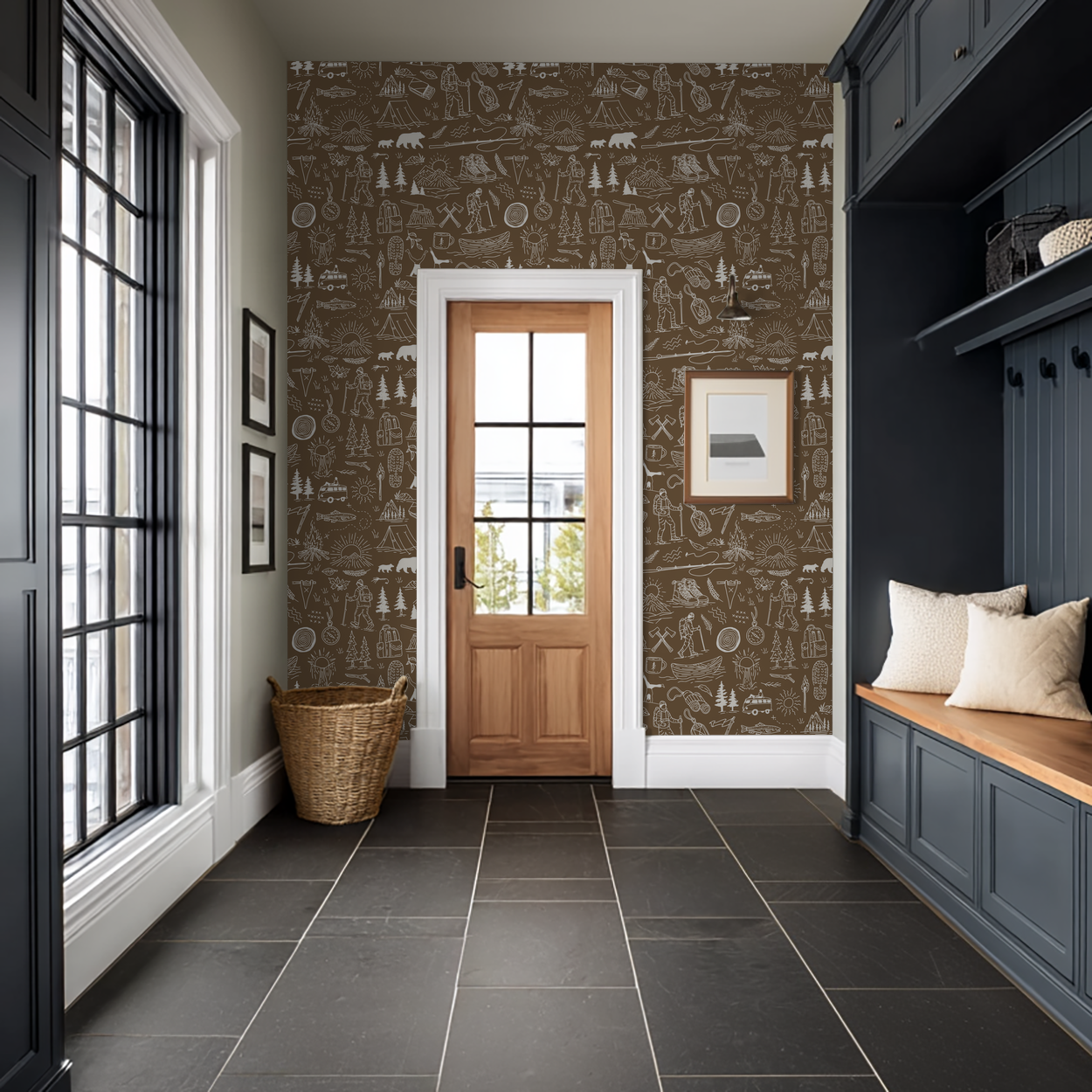 Brown adventure-themed wallpaper with white sketches in rustic entryway.