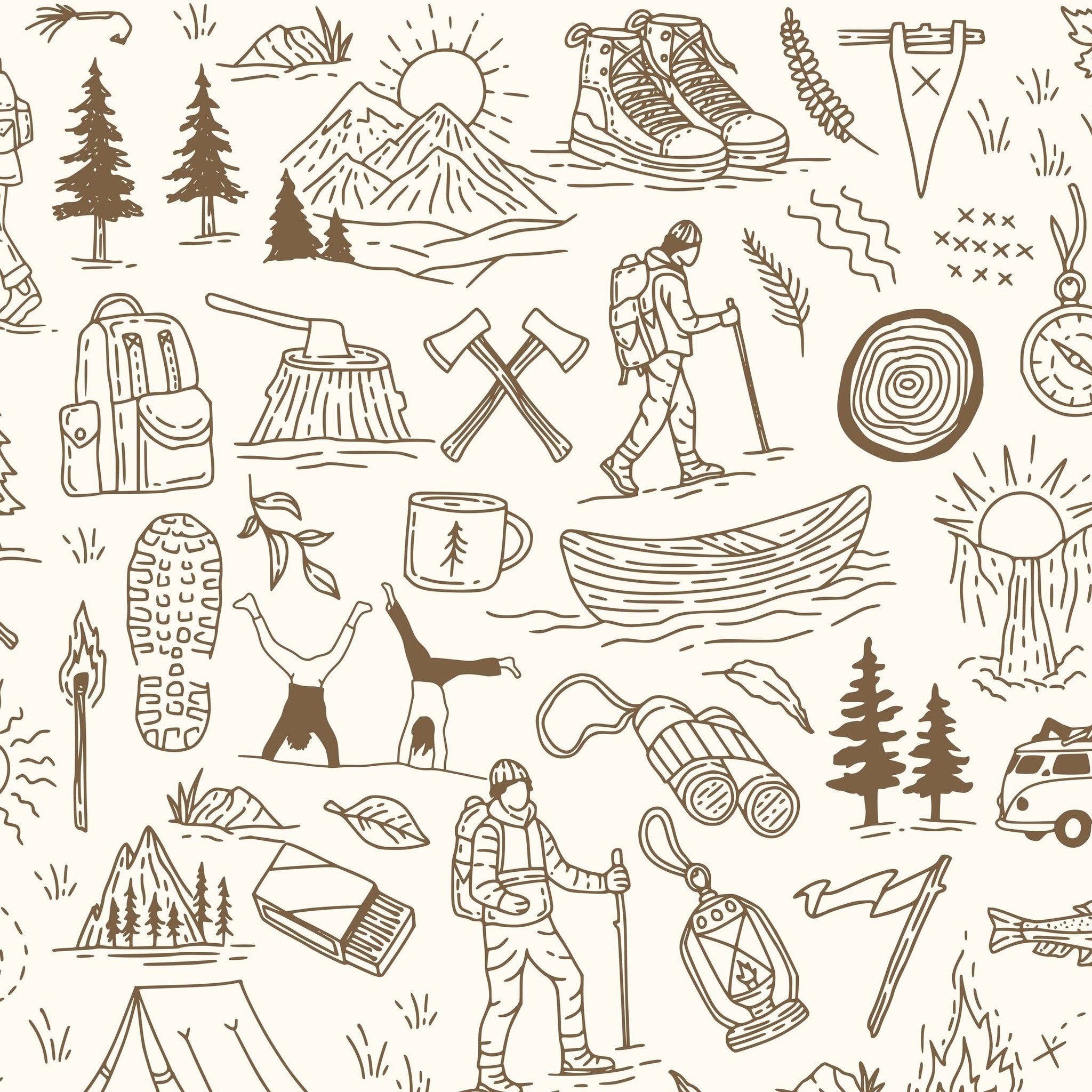 Brown and cream wallpaper with outdoor adventure motifs like mountains, hikers, and wildlife.