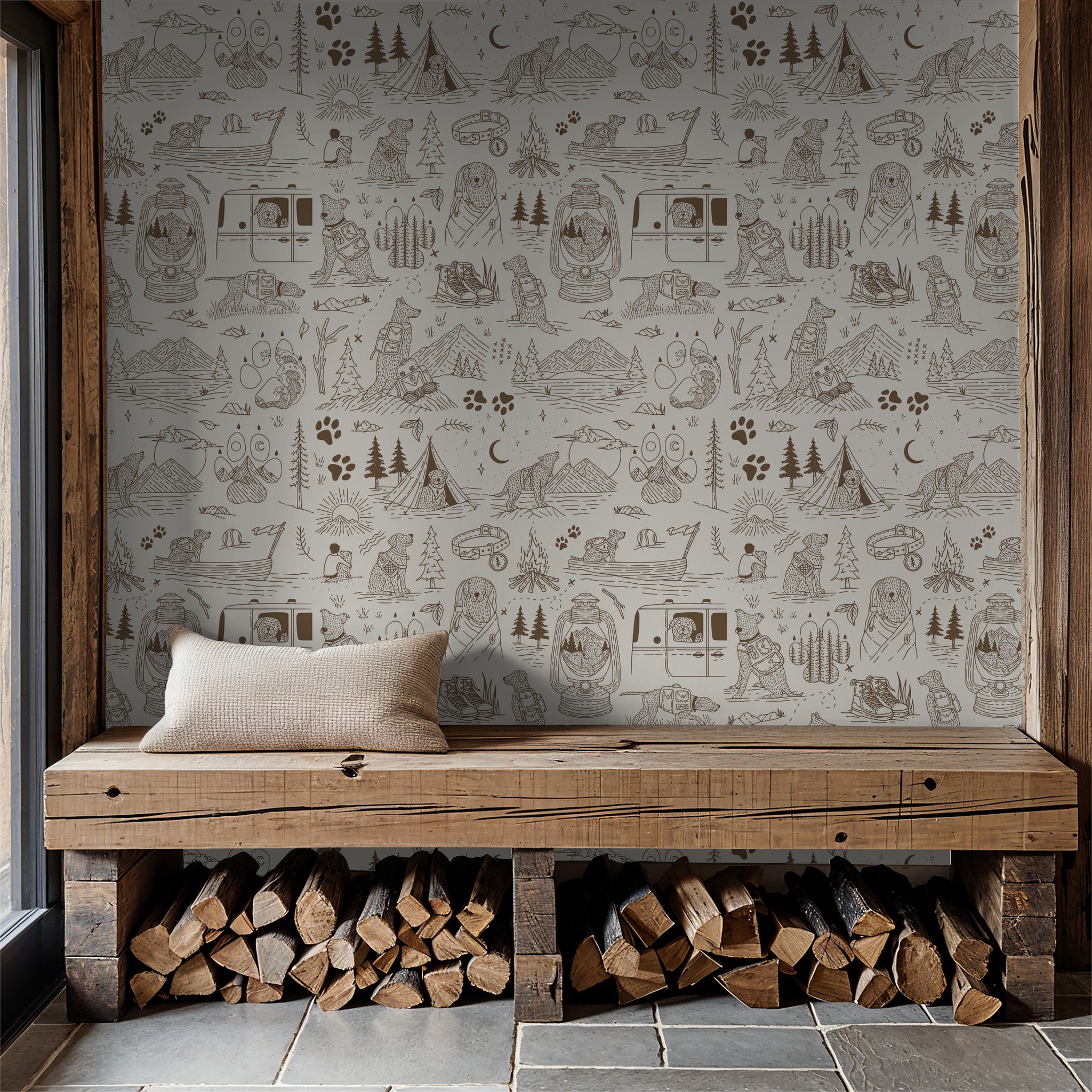 Brown and cream camping dog wallpaper in rustic room with wooden bench.