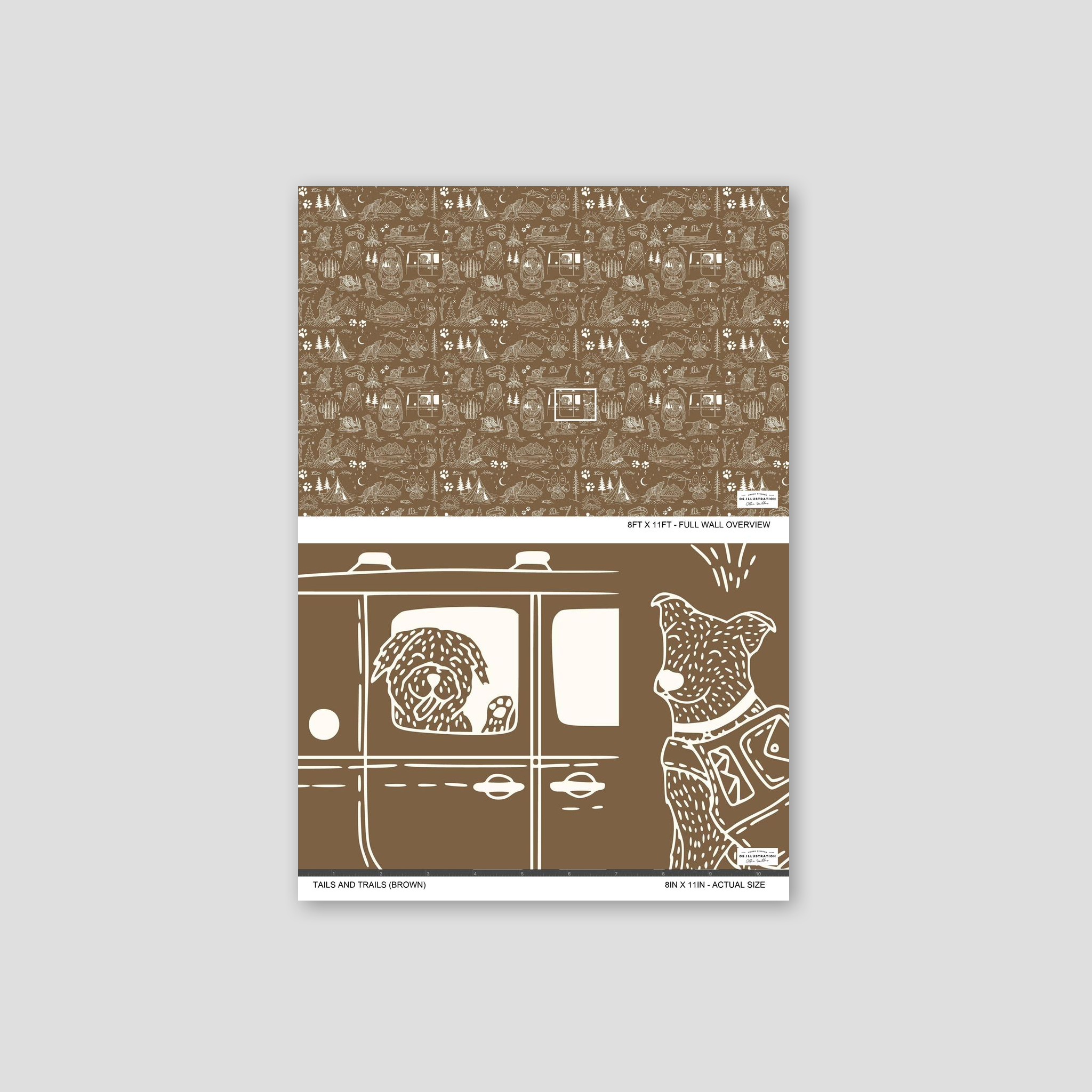 Brown wallpaper with cream dog and nature illustrations, whimsical outdoor scenes.