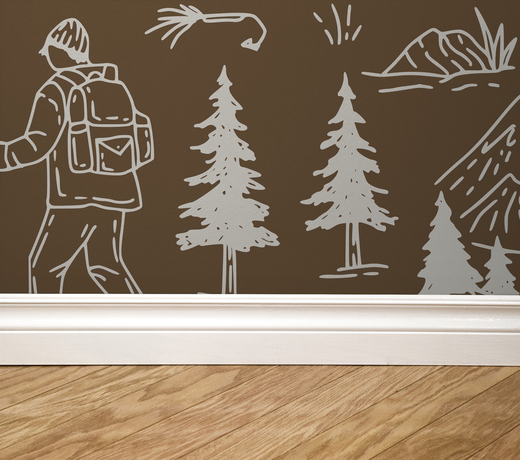 Brown wallpaper with white sketches of hikers, trees, and mountains.