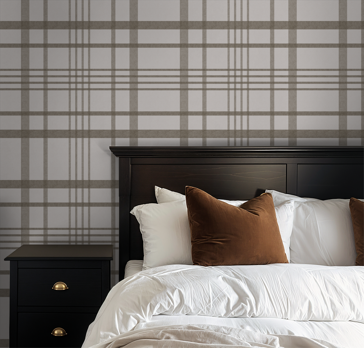 Brown plaid wallpaper in elegant bedroom with dark wood bed and white bedding.