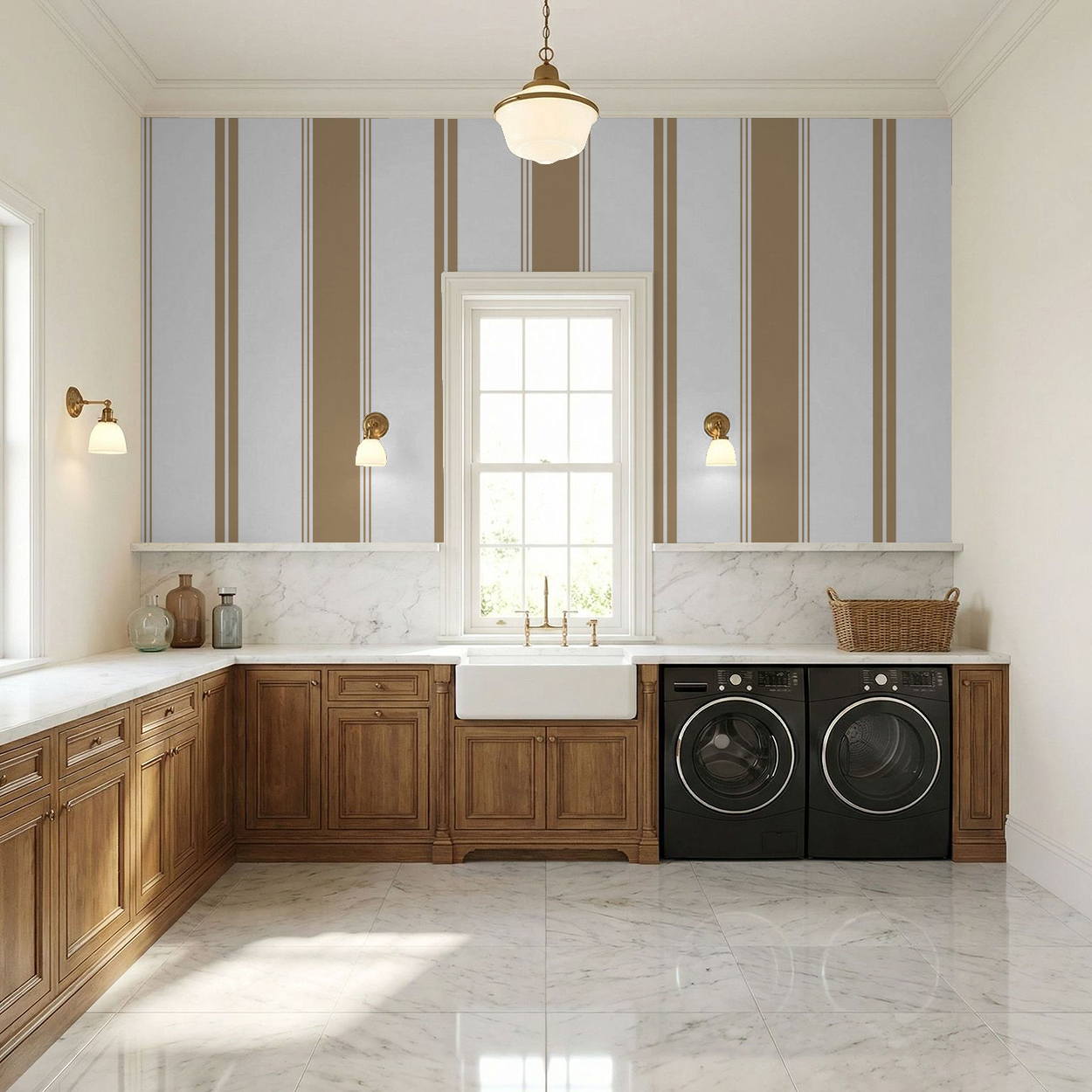Brown striped wallpaper in elegant laundry room with wood cabinets and marble floor.