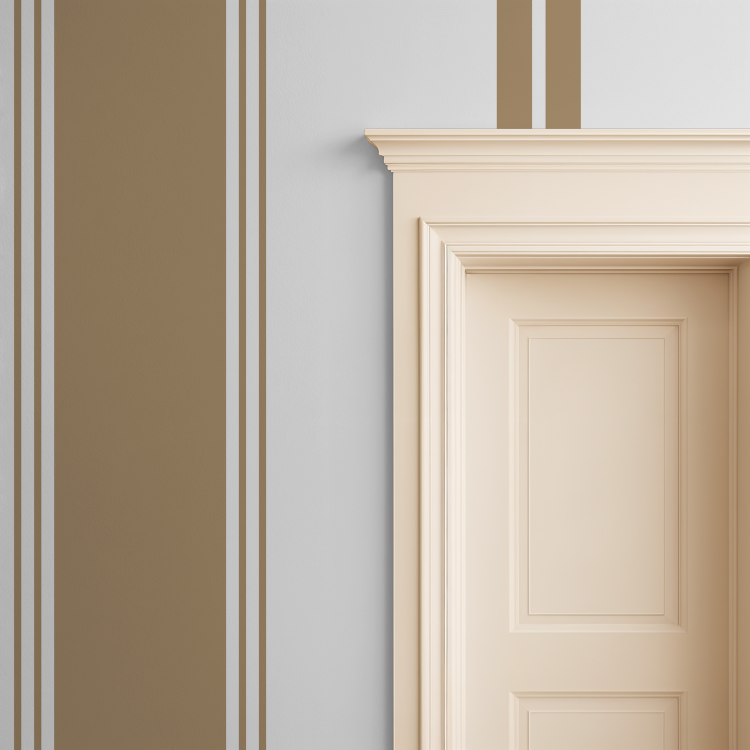 Brown striped wallpaper with cream door frame in modern room setting.