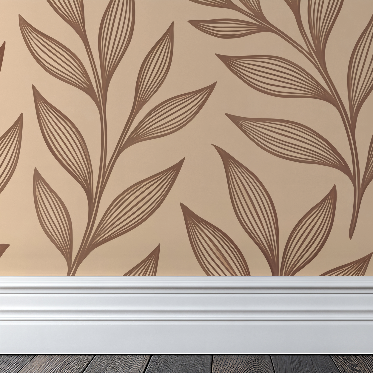 Brown vine pattern on beige wallpaper with white baseboard in room setting.