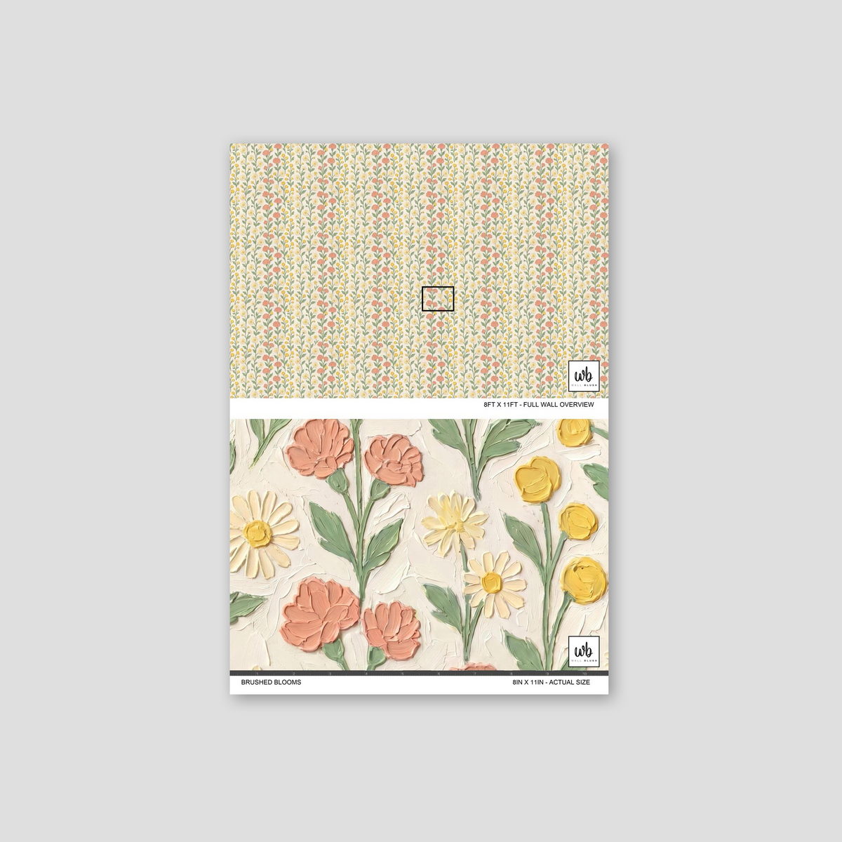 Brushed Blooms wallpaper with floral vines, daisies, and coral blossoms on cream background.