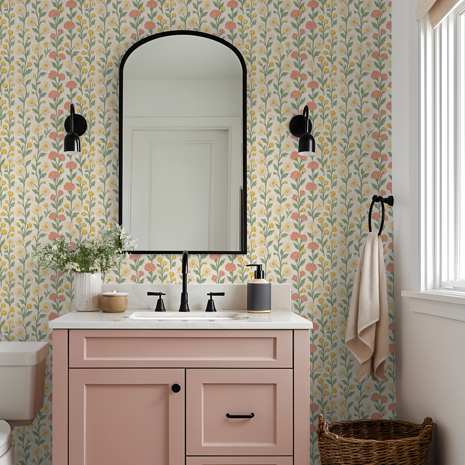 Floral wallpaper with yellow daisies and coral blossoms in a bathroom setting.