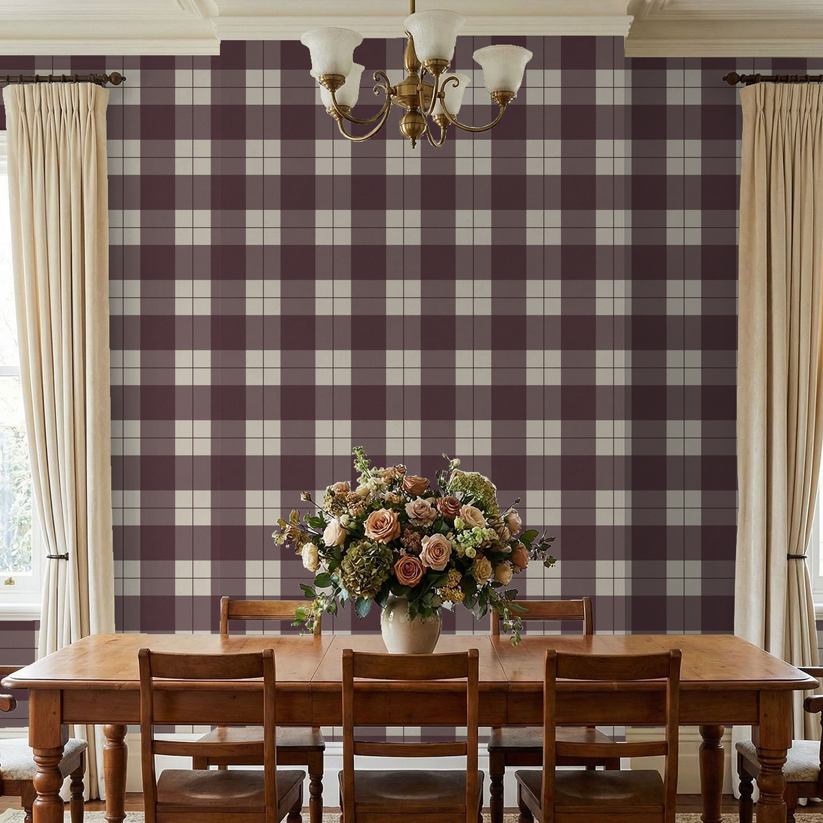 Burgundy plaid wallpaper in elegant dining room with floral centerpiece.