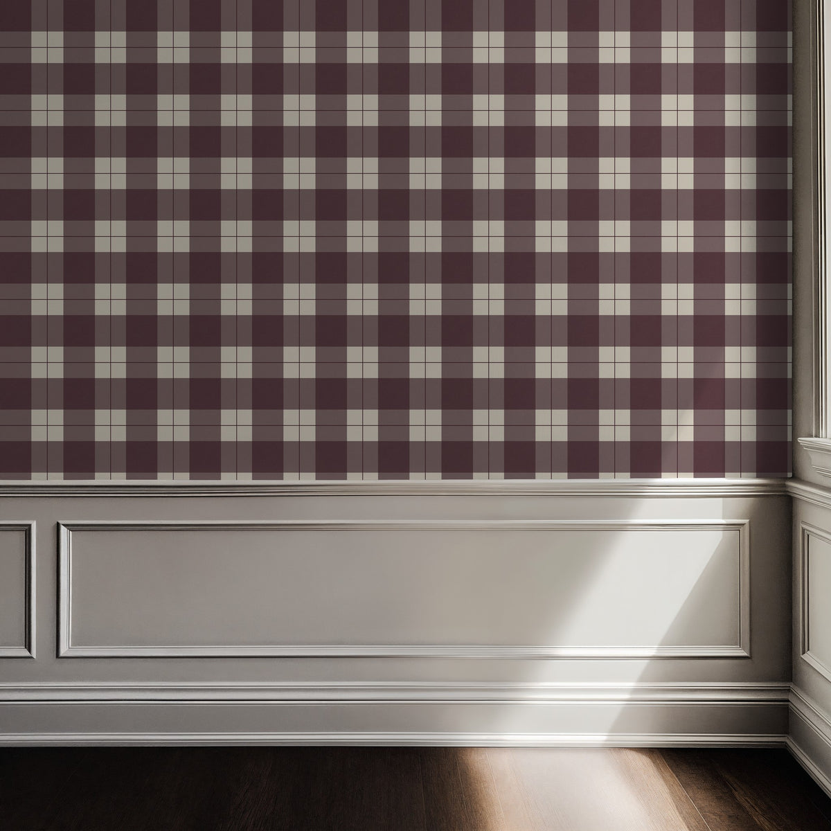 Burgundy and cream plaid wallpaper in elegant room with paneling.