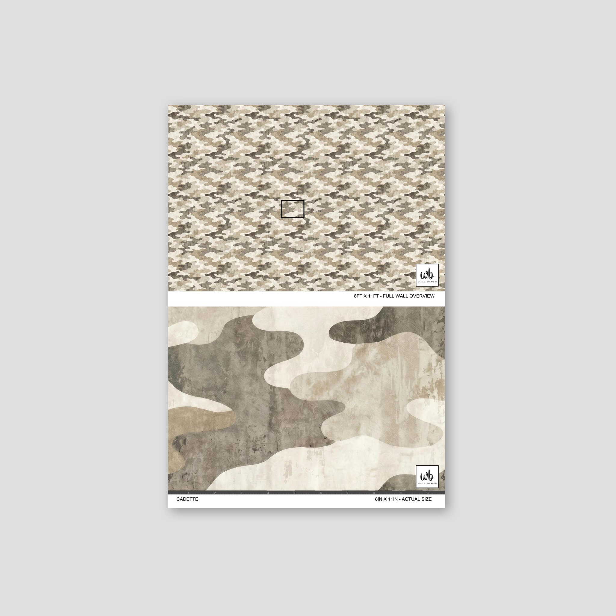 Cadette wallpaper with camouflage pattern in taupe, brown, and gray tones.