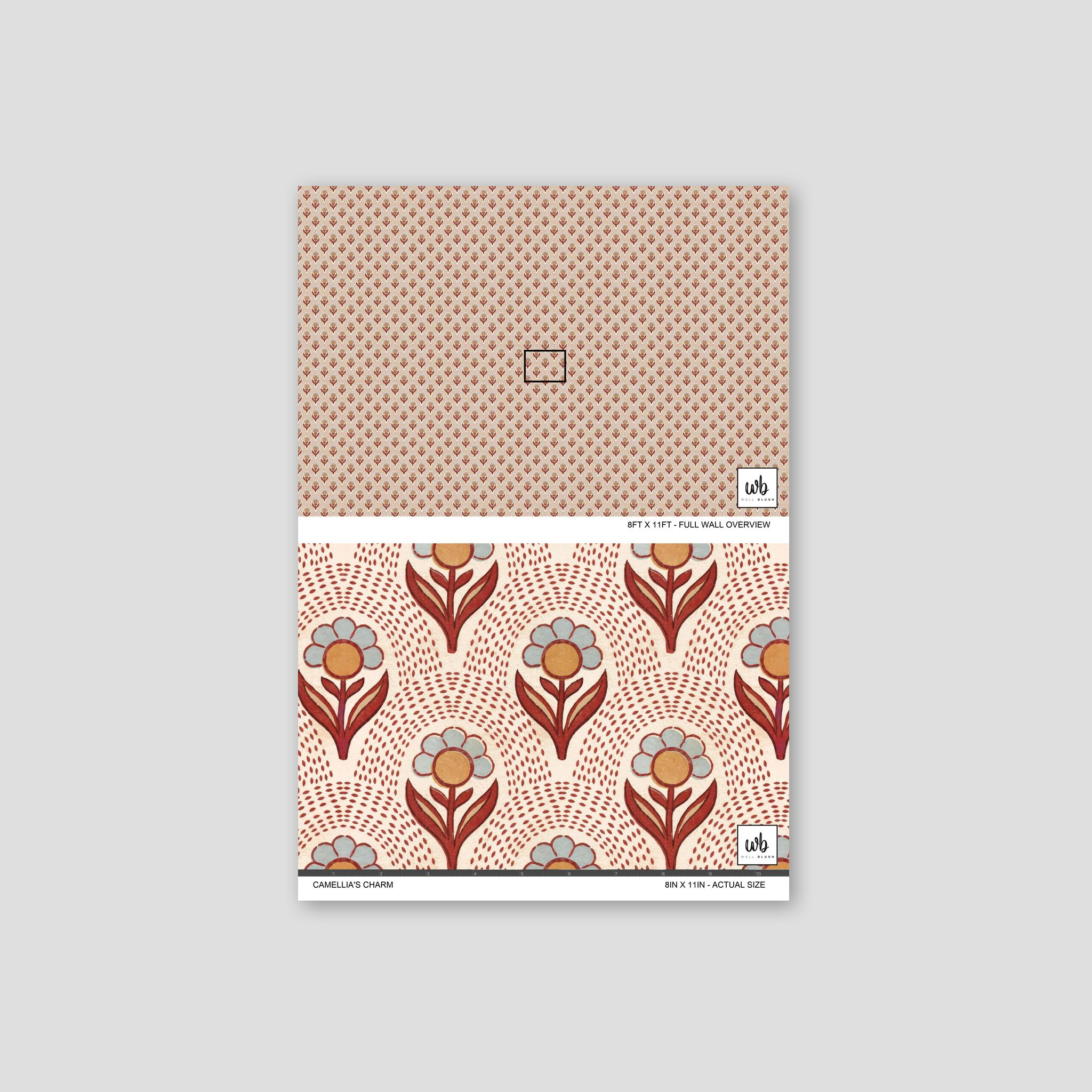 Camellia's Charm wallpaper with earthy floral pattern in rust and ochre tones.