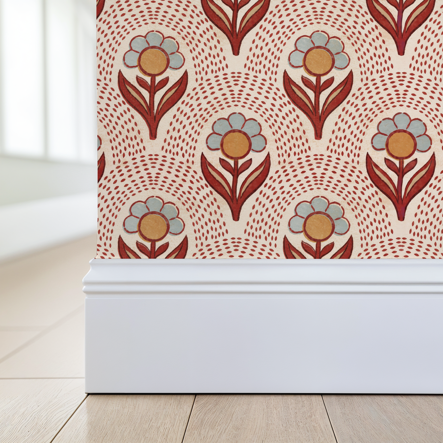 Camellia's Charm wallpaper with stylized rust and ochre florals in a room setting.