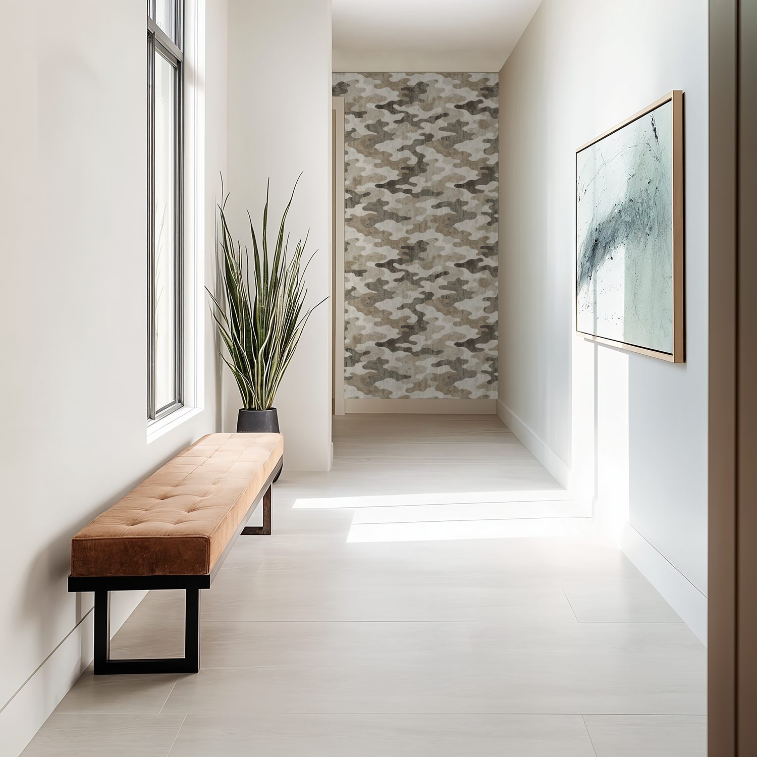 Camouflage wallpaper in earthy tones in a modern hallway with bench and plant.