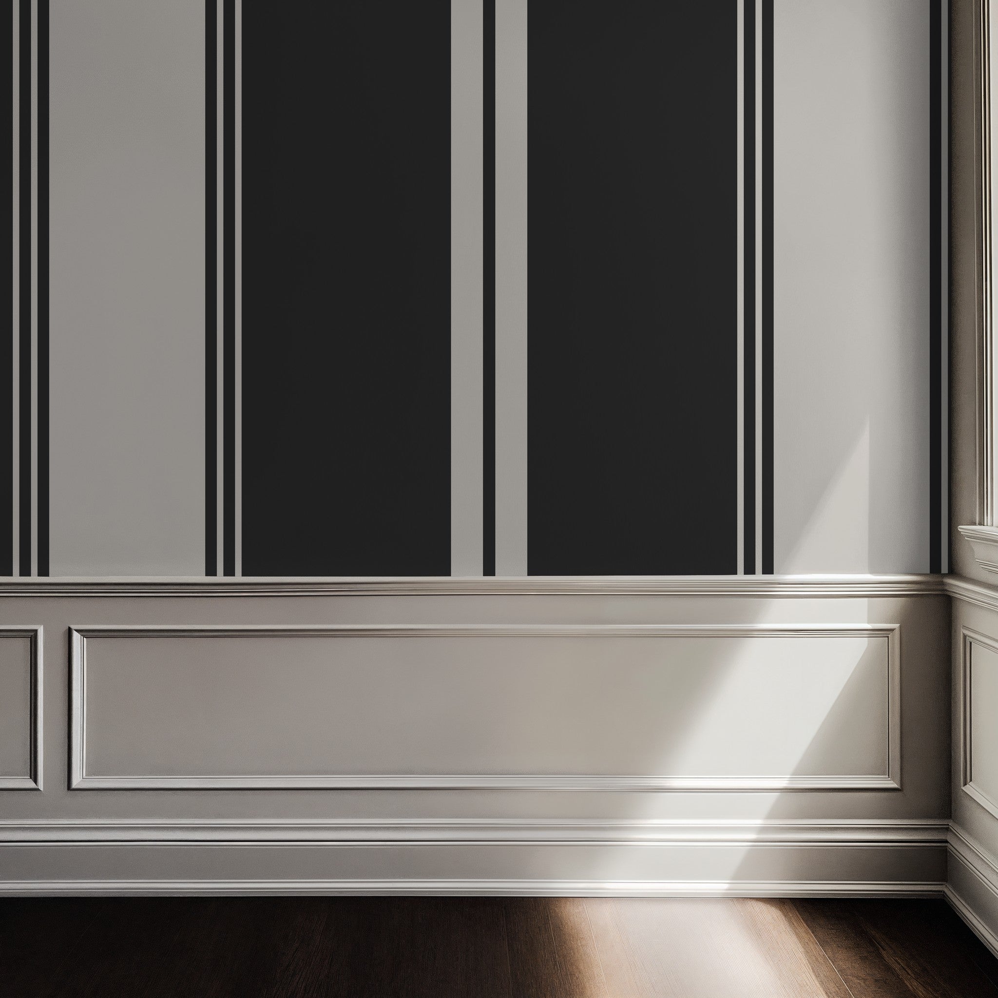 Charcoal striped wallpaper in elegant room with wainscoting and natural light