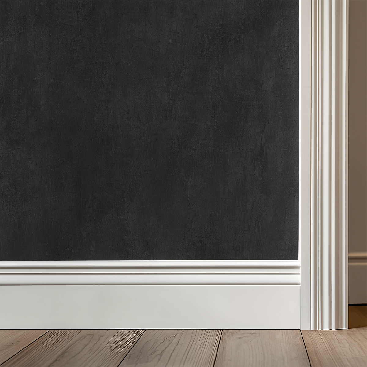 Charcoal textured wallpaper in modern room with white molding