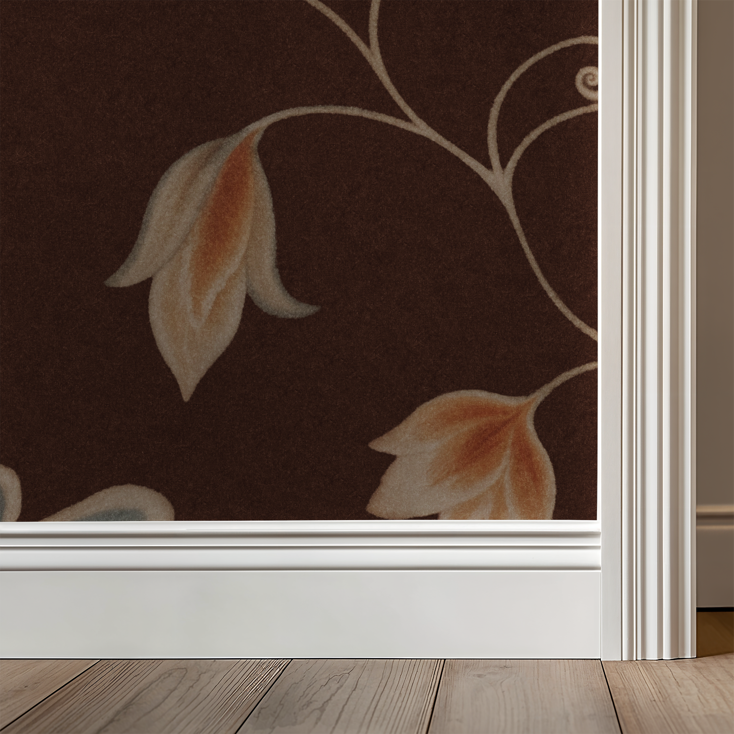 Chocolate brown floral wallpaper with delicate vines and soft red blooms in a room setting.