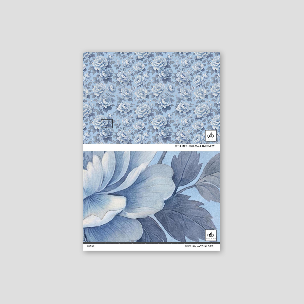 Cielo blue floral wallpaper sample with peony and rose pattern.