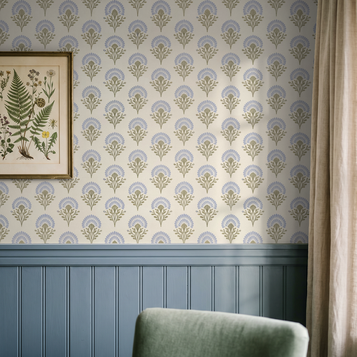 Classic floral wallpaper with blue blooms on cream background in elegant room.