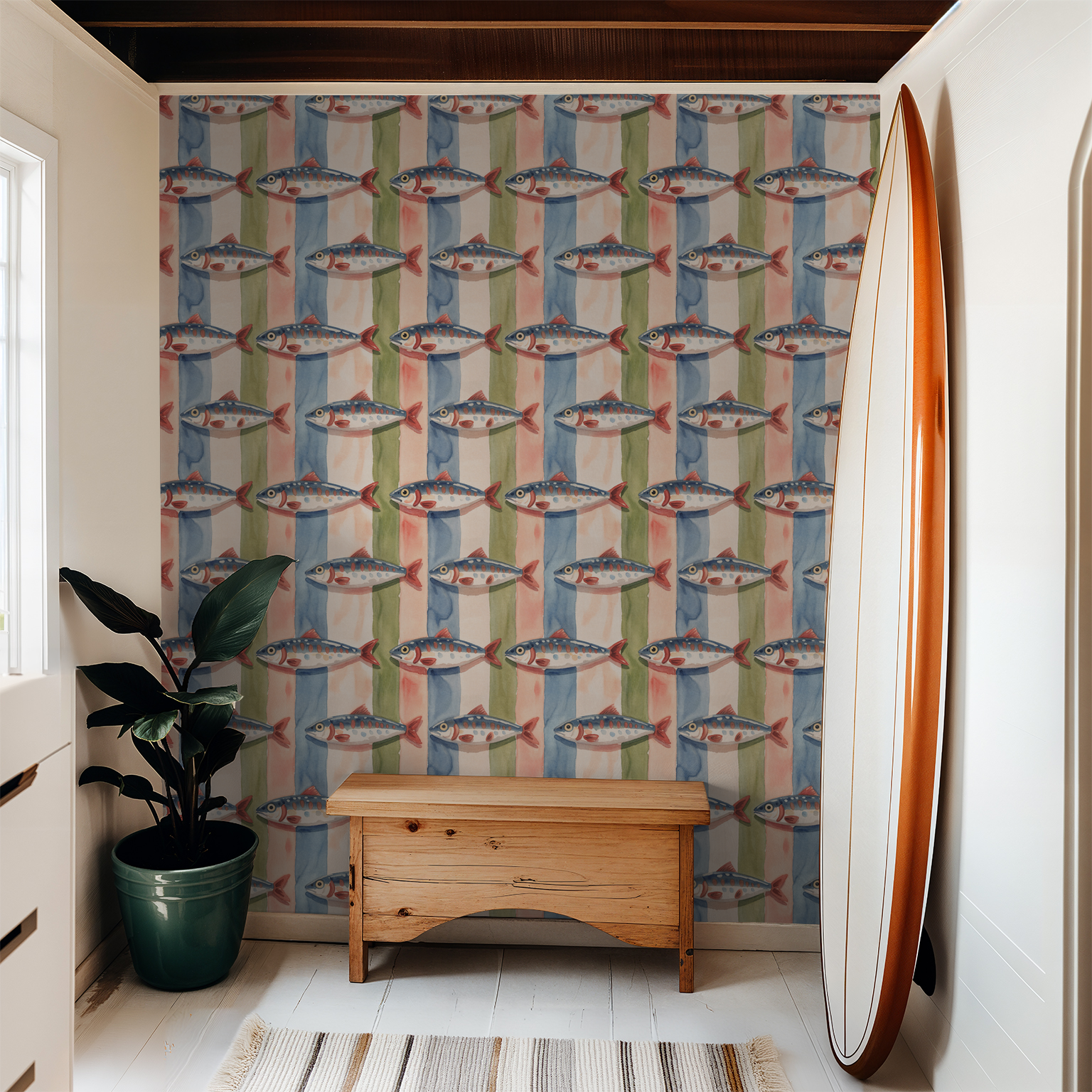 Coastal fish pattern wallpaper with watercolor stripes in a bright hallway.