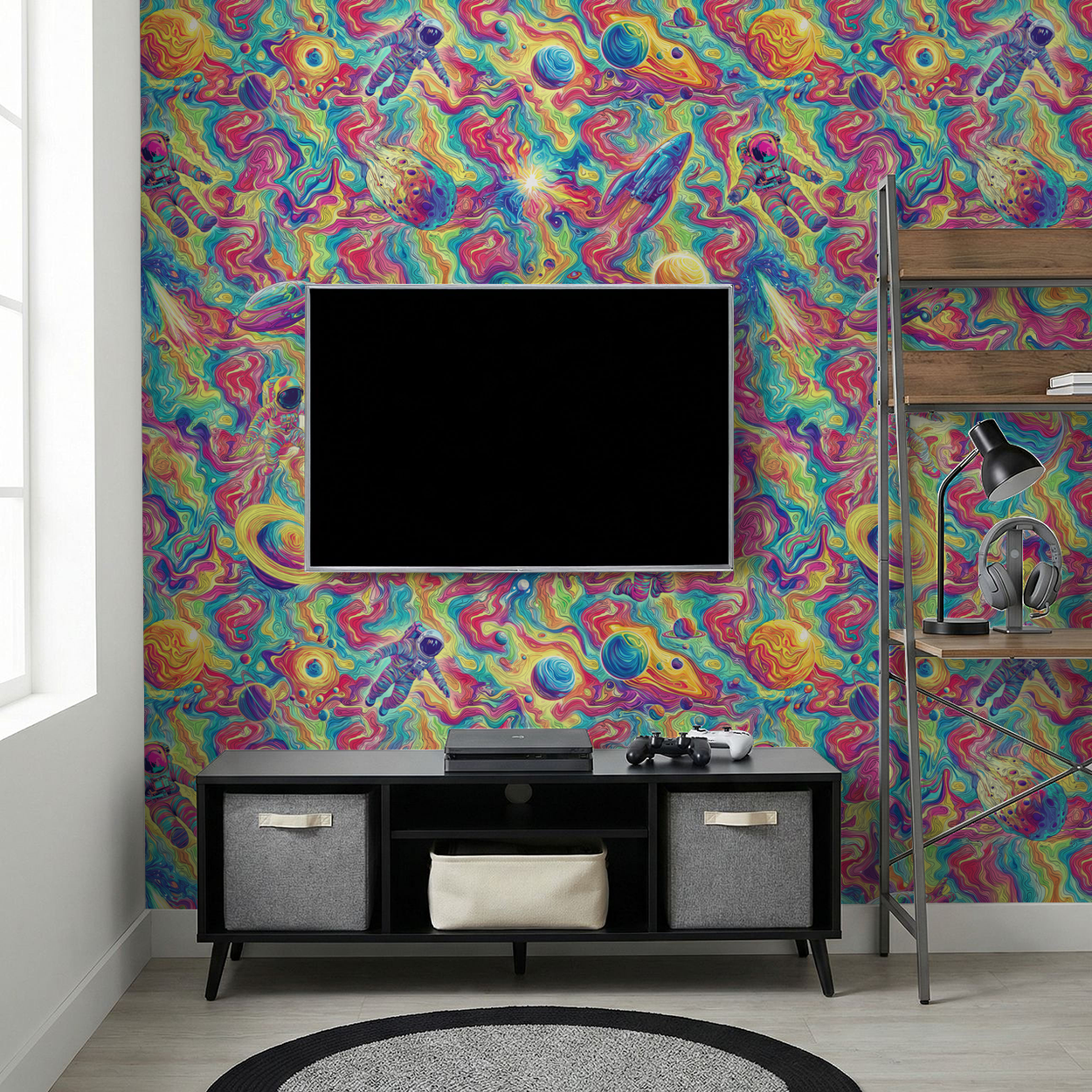 Colorful cosmic wallpaper with astronauts and galaxies in a modern living room.