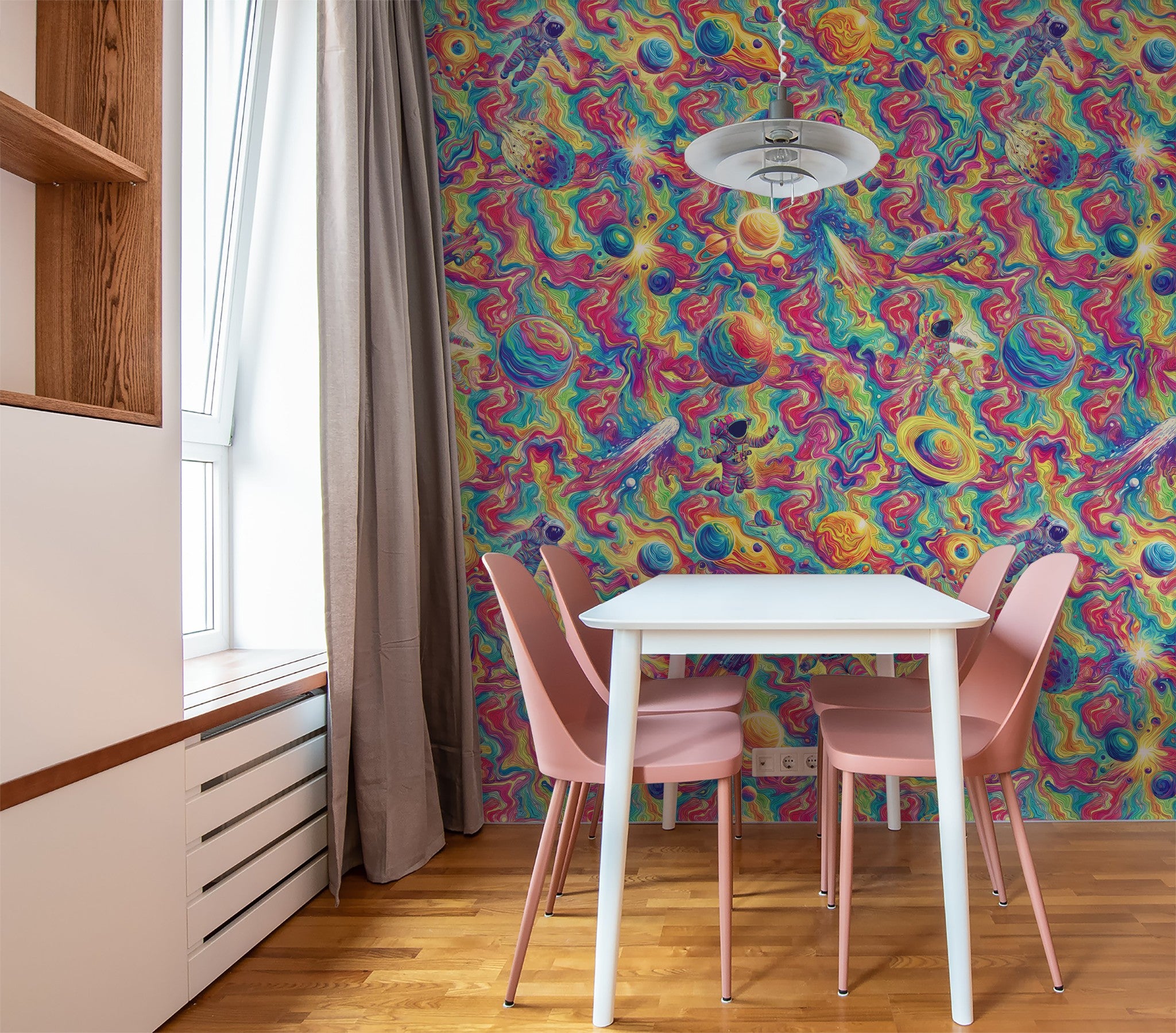 Colorful cosmic wallpaper with galaxies and astronauts in a dining room setting.