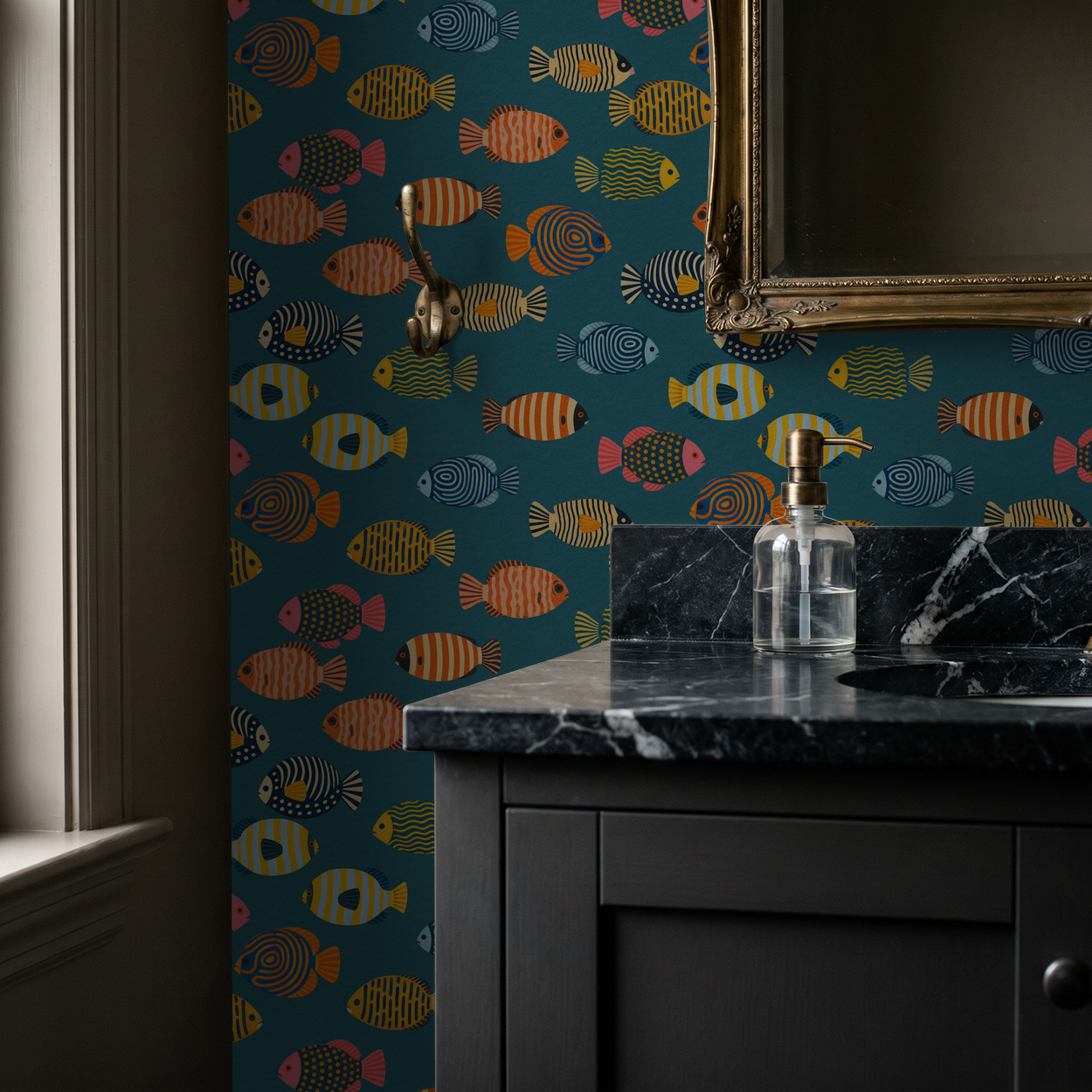 Colorful fish wallpaper with teal background in elegant bathroom setting.