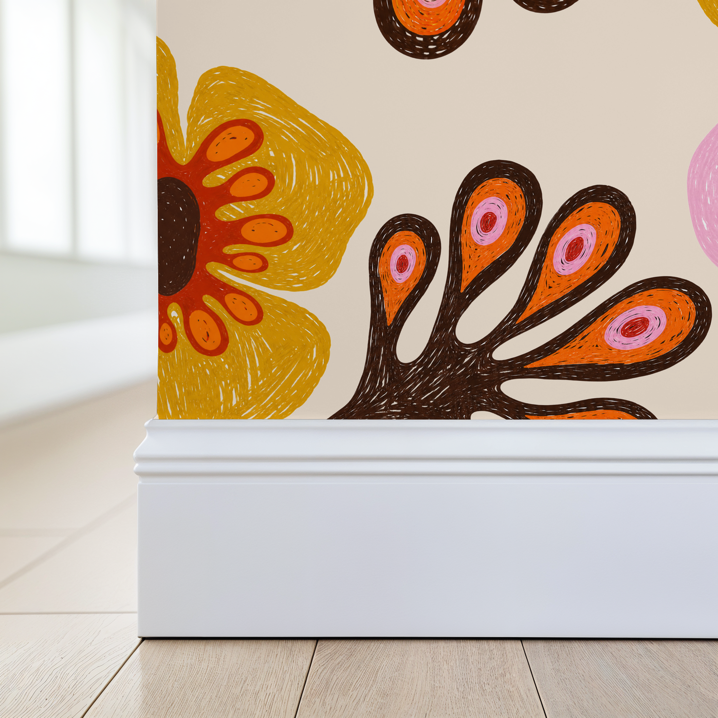 Colorful floral wallpaper with whimsical motifs in a modern room setting.